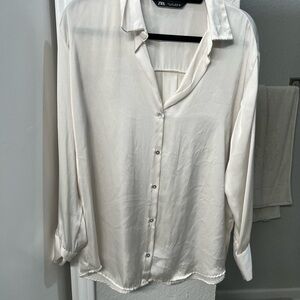Zara Cream 3/4 Sleeve Button Down Shirt